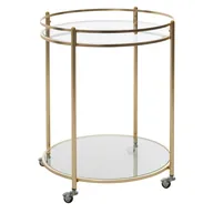 FineBuy Design Servierwagen Gold Ø 57 cm Beistelltisch, Teewagen Metall mit Rollen, Küchenwagen mit Glasplatten, Barwagen rund 75 cm hoch, Küchentrolley modern, Rollwagen